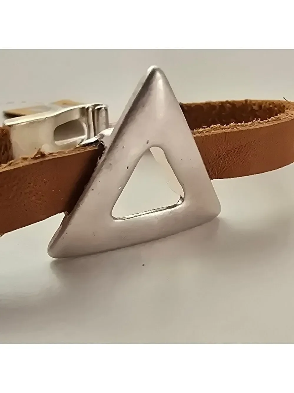NWT Bohemian Antique Silver Geo Triangle Brown Faux Leather Bracelet